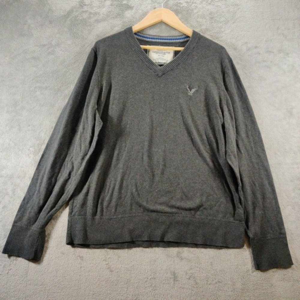 Abercrombie & Fitch Sweater Mens XL VNeck Gray Logo Embroider Long Sleeve